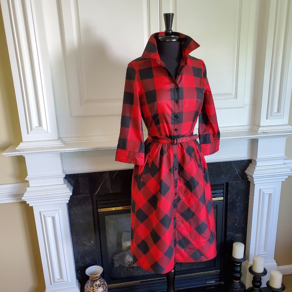 ISAAC MIZRAHI TAFFETA CHECKED SHIRT DRESS